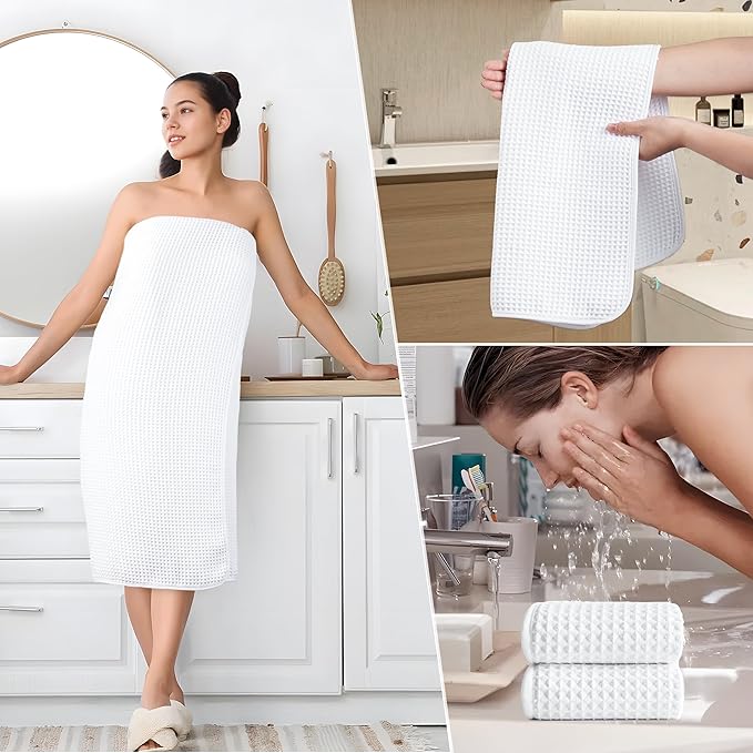 POLYTE 430 GSM Microfiber Quick Dry Lint Free Oversize Bath Towel Set, 6 Piece (Waffle Weave)