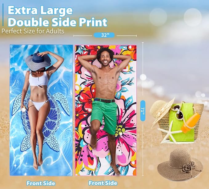 TwoYek Microfiber Beach Towel Extra Large 71x32 Turtle Floral 2 Pack | Thin & Lightweight, Sand Free, Super Absorbent & Quick Dry, Oversized Towels for Beach Bath Pool Swim Travel Essentials Gift