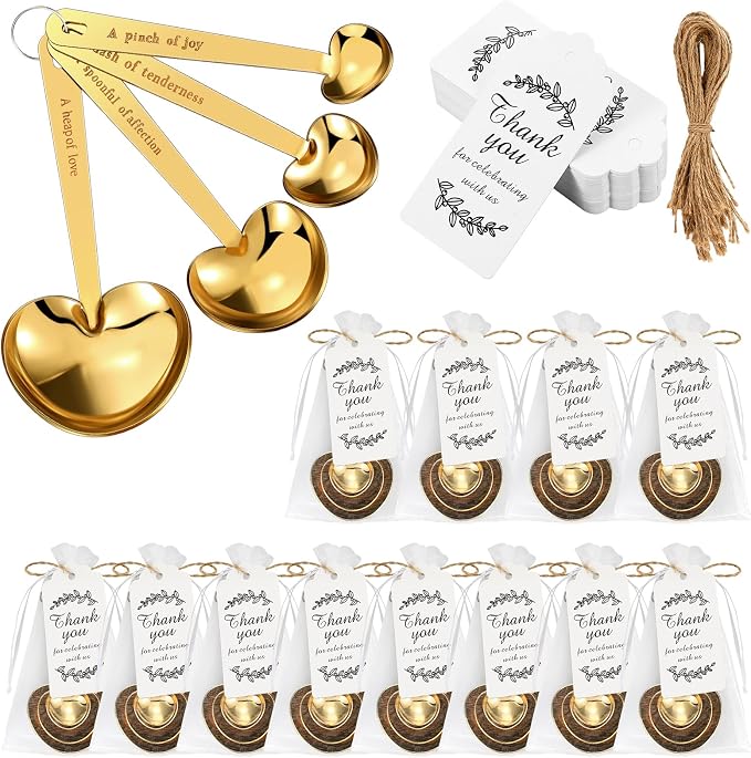 Umigy 12 Set Heart Shaped Measuring Spoon Tea Spoons Wedding Baby Shower Favors for Guests Set Heart Shape Drawstring Organza Bag Gift Tag Rope for Wedding Bridal Shower Souvenir (Gold)