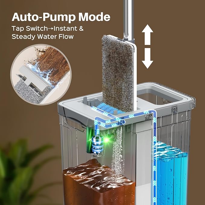Mop and Bucket Set with Auto-Spray Cleaning, 3-Zone Separate Dirty and Clean Water, Flat Mop and Bucket System with Wringer and Wheels, 4 Reusable Pads, High-Efficiency Cleaning for Home Floor Wall