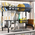 Over The Sink Dish Drying Rack, Adjustable 25.5-33.5 in, 2-Tier, Black | All-in-One Large Capacity, Snap-On Design for Flexible Use, Strong Metal Frame, Non-Slip Feet, Fits Sinks Up to 33" W