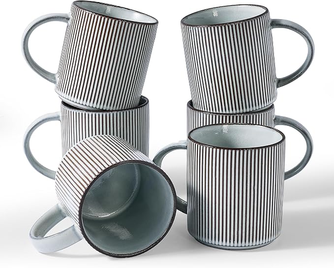 famiware Coffee Mug Set for 6, Star 16 oz Catering Mugs Cup Set with Handle for Coffee, Tea, Cocoa, Milk - Ceramic Stoneware Drinkware Set, Smoky Blue