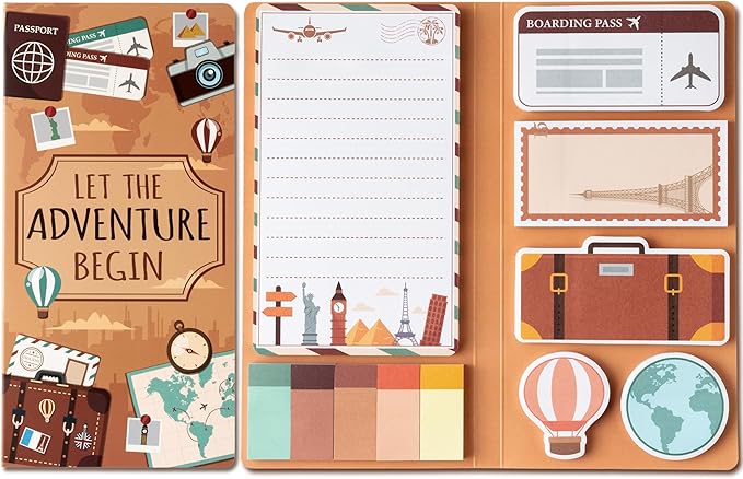 Xqumoi Let The Adventure Begin Sticky Notes Set - 550 Sheets - Travel Themed Self-Stick Notes Pads Divider Tabs Bundle Writing Memo Pads Journaling Planners Office Supplies Small Gift