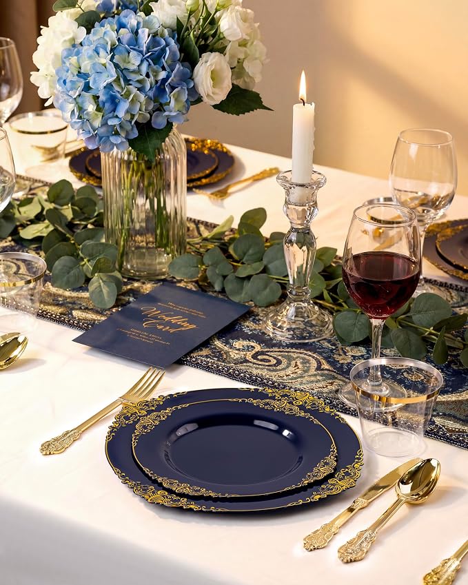 Nervure 350Pcs Blue Plastic Plates - Blue Gold Plastic Dinnerware Sets for 50 Guests - 100 Navy Gold Disposable Plates, 50 Pre Rolled Silverware, 50 Cups Perfect for Wedding & Party & Memorial Day