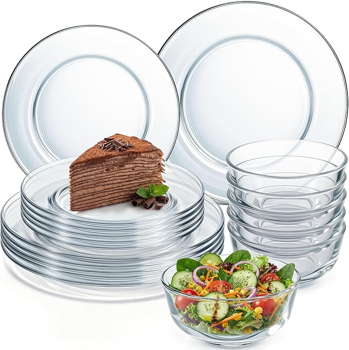 Havawish 18 Pcs Glass Dinnerware Set Sleek Round Clear Glass Plate and Bowl Sets for Dessert, Salad, Fruit, Dishwasher, Microwave Safe Kitchen Dining