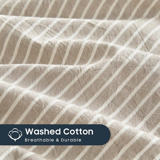 Wake In Cloud - Striped Cotton Duvet Cover Set, 100% Washed Cotton Textured Bedding Set, Ticking Stripe Pinstripe Farmhouse, 3 Pieces, Tan, Twin/Twin XL Size