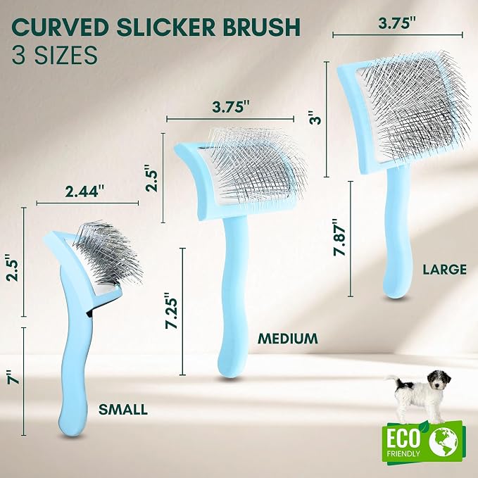 Pet Slicker Brush With Soft Massage Grooming Stainless Steel Pins - For Dematting, Shedding Fur, and Undercoat - Ideal Gift for Professional Pet Groomers - Long Slicker Brush (Blue, Curved Large)