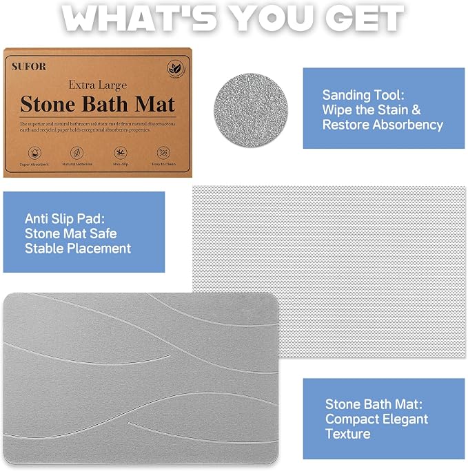 32"x20" Stone Bath Mat, Diatomaceous Earth Shower Mat, Non-Slip Super Absorbent Quick Drying Bathroom Floor Mat, Natural, Easy to Clean (Cloudy Gray)