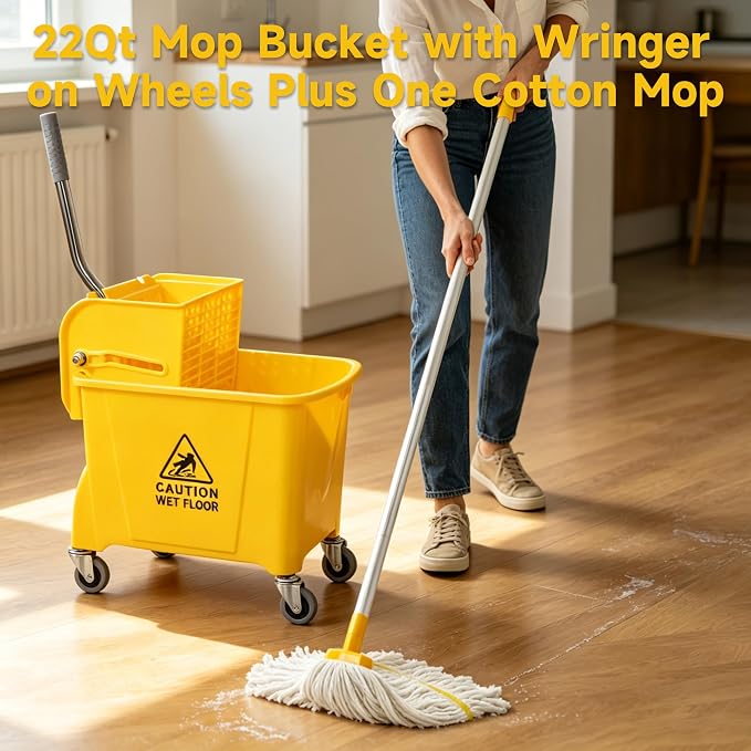 22-Qt (5.5 Gallon) Mop Bucket with Wringer on Wheels,Add One Cotton Mop | Household Mop and Bucket Set for Floor Cleaning ,Yellow ,15.7" L x 10.6" W x 31" H