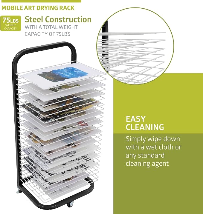 Pearington 25-Shelf Mobile/Wall Mountable Art Drying Rack for Art Studios & Classrooms, 13" D x 17.5" W x 39.4" H, Black/White