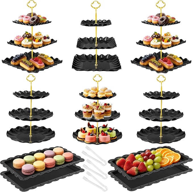 Black Gold Dessert Stand Set 13PCS, 6 Tiered Cupcake Display Towers with 4 Serving Trays and 3 Tongs, Round & Square Dessert Holders for Wedding Birthday Graduation Baby Shower Decor