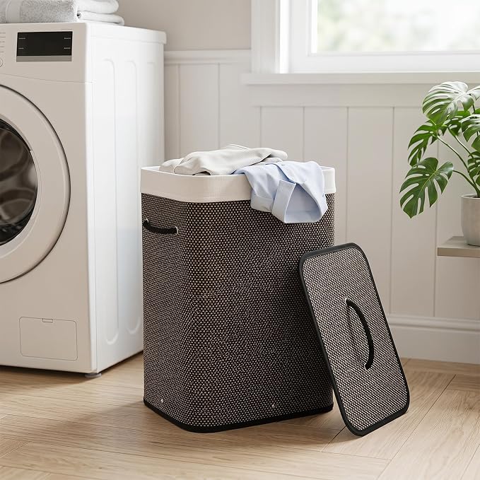 Giantex Bamboo Laundry Hamper with Lid, Removable Liner & Portable Handles | 19 Gal Large Capacity Clothes Hamper, Rectangular Laundry Basket for Bedroom Bathroom Laundry Room, Dark Taupe