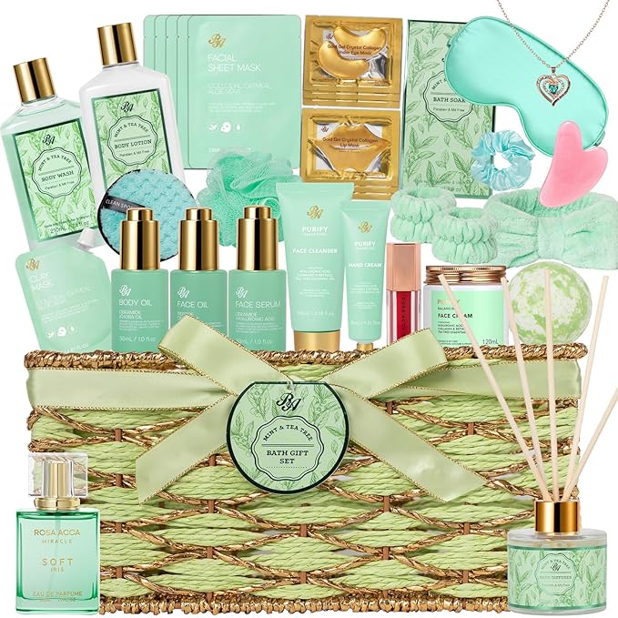 35 Pcs Mothers Day Gifts for Mom, Bath & Body Gift Basket for Women, Tea Tree Spa Gift Set, Face Skin Care Set, Self-Care Relaxation Gift, Diffuser, Birthday, Christmas, Valentines, Anniversary, Wife