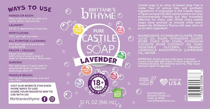 Brittanie’s Pure Castile Liquid Soap Refill, Lavender, 32 Ounce 2 Pack | Dish Soap, Hair & Body, Laundry, Home, Gentle and Pure, Made with Natural Luxurious Oils, Vegan & Gluten Free Non-GMO