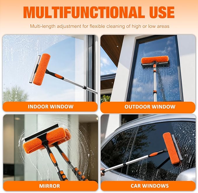 LAANPOLE 30FT Window Squeegee with Extension Pole, 2-in-1 Squeegee for Window Cleaning, Professional Cleaning Kit for Home with 24FT Telescoping Pole for Outdoor Indoor Use