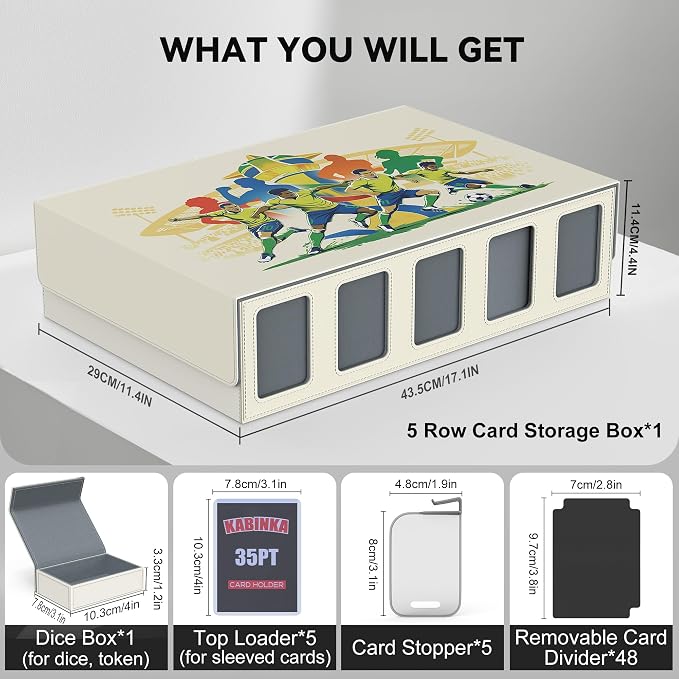 Kabinka Soccer Card Storage Box with Window Display, 5-Row Sport Card Storage Box, 3900+ Card Deck Box for Soccer Sports Card TCG, 5 Top Loaders, 5 Stoppers, 48 Dividers, 1 Dice Tray (Soccer 2)