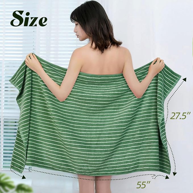 Bath Towels 2 Pack, Lighter & Quick Dry Towels Large 27.5 x 55 inches, | Luxury Terry Cotton Towels for Bathroom Beach Swim, Forest Green & White Striped