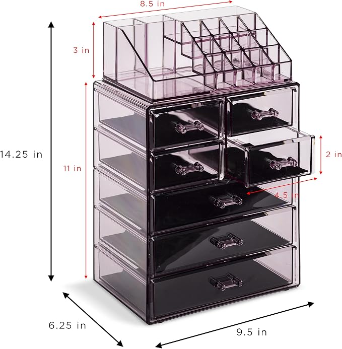 Sorbus Acrylic Makeup Organizer Set, 7-Drawer Vanity & Countertop Cosmetic Storage with Small & Wide Compartments, Purple Makeup Storage for Brushes, Jewelry – Holiday Gift for Women & Teens