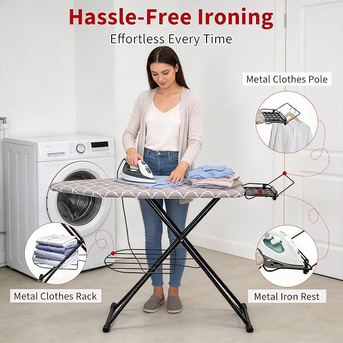 Ironing Board, 43"×13" with Iron Rest, 7 Adjustable Height & Clothes Shelf | Iron Board with Bulit-in Hook and Hanger Bar, 4 Layer Heat Resistant Cover and Pad for Home Apartment Dorm Laundry Room, Gray