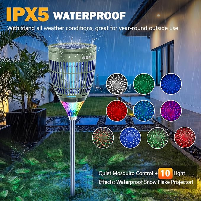 All in 1 Solar Bug Zapper Outdoor, Flame & Projection Mode, Auto/Manual Modes, 4200V Electric Mosquito Killer with High Powered, IPX5 Waterproof Rechargeable Fly Insect Trap for Patio Garden Yard RV