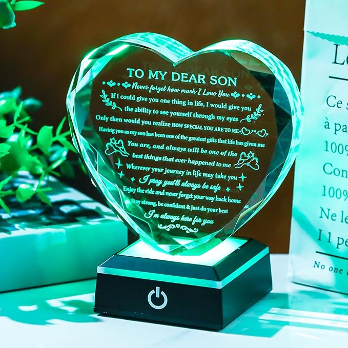 Arikyrist Meaningful Son Gifts with Coloful LED Base Inspirational to My Son Crystal Keepsake for Graduation Birthday Gifts for Adult Sons from Mom Dad on Fathers Day Christmas Valentines