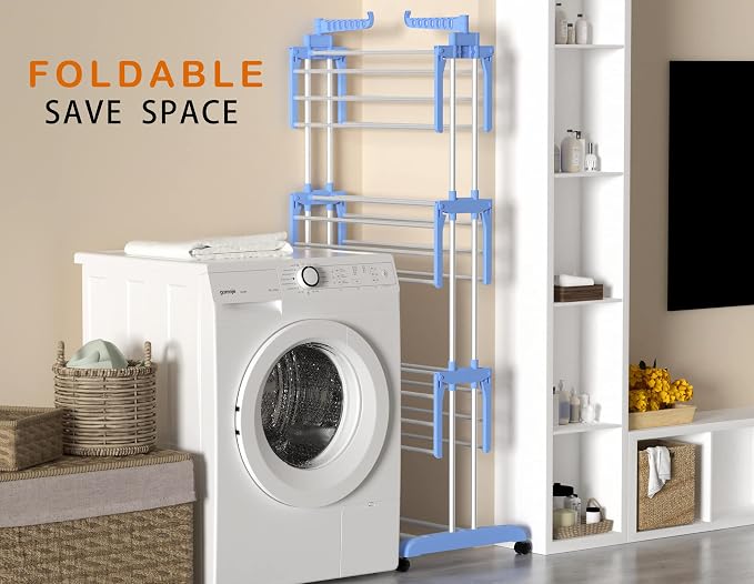 HOMIDEC Clothes Drying Rack, Large 4-Tier Foldable Drying Rack Clothing (67.7H x 19.7W x 30L Inches), Movable with 4 Castors. Multifunctional Stainless Steel Laundry Drying Rack, Blue