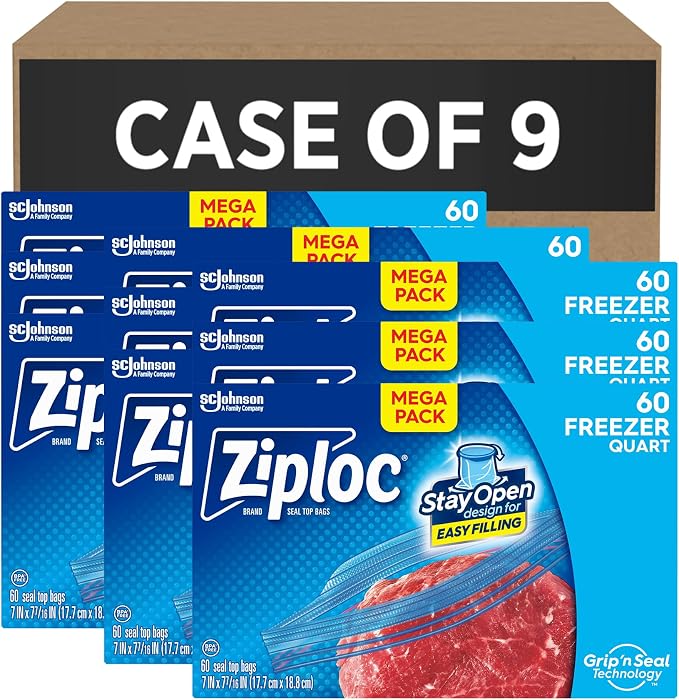 SC Johnson Professional Ziploc Quart Food Storage Freezer Bags, 9 Boxes x 60 Count, 540 Total Bags