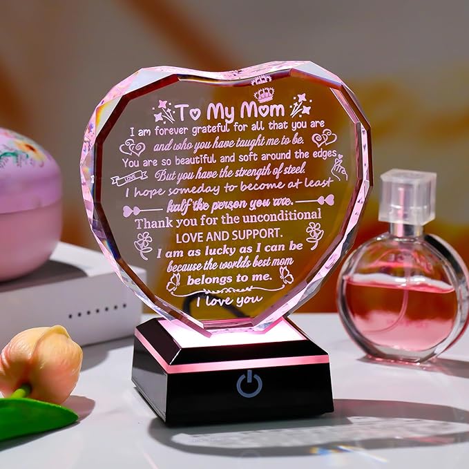 Arikyrist Mothers Day Mom Gifts from Daughter Heart Crystal Keepsake to My Mom with Colorful LED Light Base Best Mom Ever Gifts on Birthday Rrtirement Anniversary
