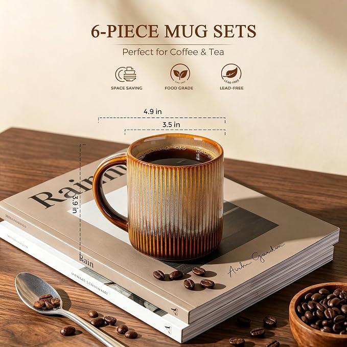 theterra Ceramic Coffee Mugs Set of 6, 14.2oz Handmade Coffee Cups with Handle for Latte, Tea, Milk, Beer, Hot Cocoa, Creamy Amber