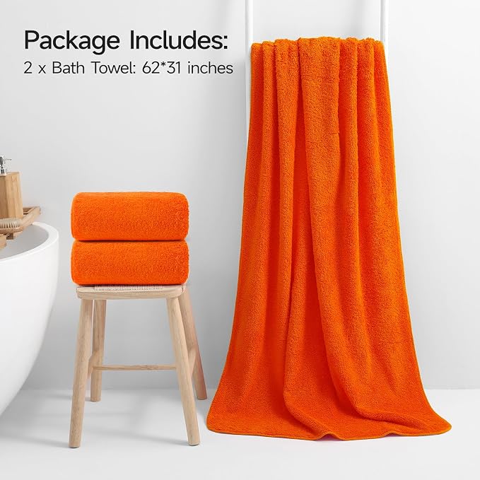 REDKISS 2 Piece Luxury Bath Towel Set - 31x62 inch Oversized Thick Bath Sheets, 100% Cotton, 900 GSM, Super Soft, Highly Absorbent, Quick Dry Large Shower Towels for Bathroom, Pool, Gym, Spa, Orange