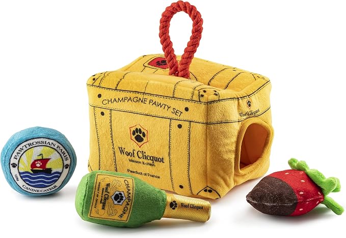 Haute Diggity Dog Woof Clicquot Pawty Set, Plush Designer Dog Toys with Interactive Squeaker, Stimulating Pet Enrichment, Machine-Washable & Safe Materials for All Breeds, One Size