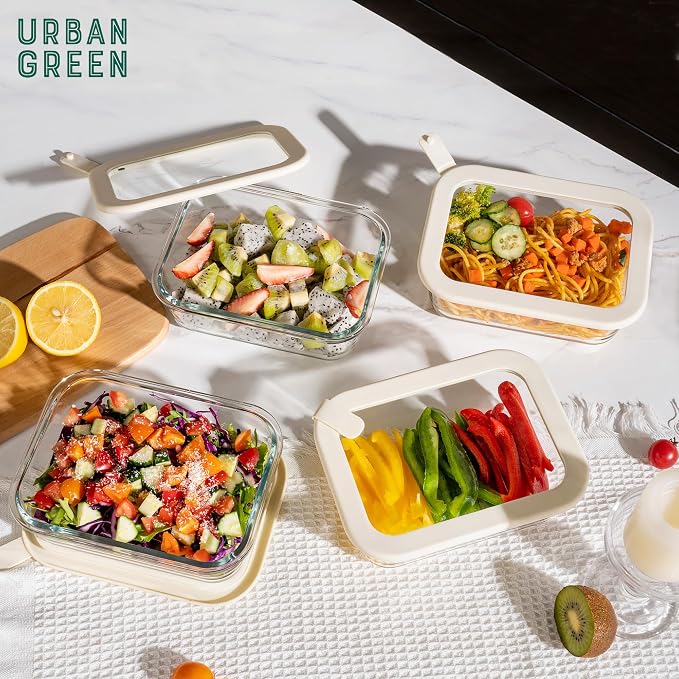 Glass Food Storage Containers with Glass Lids, Microwave Safe Food Container Set, Airtight Food Container Set, LeakProof, 100% Plastic Free, White Color, 4pack