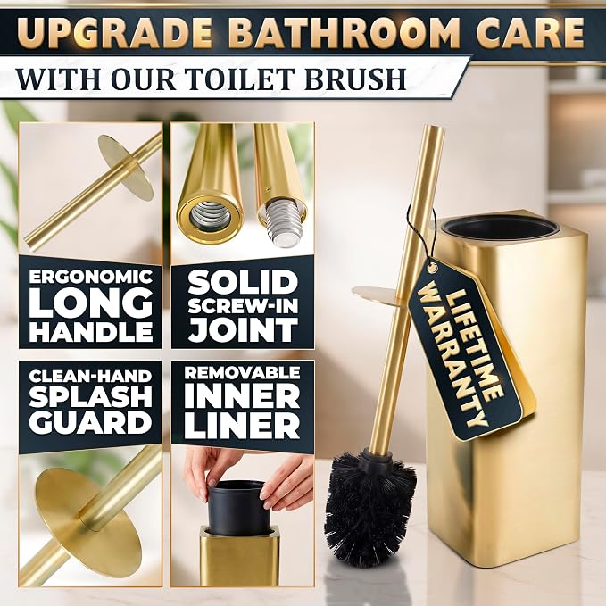 Gold Toilet Brush and Holder Set - Instantly Elevate Your Bathroom Style - Stainless Steel Toilet Bowl Brush and Holder with 2 Rounded Corners, Replaceable Head, Removable Inner Bowl & Splash Guard