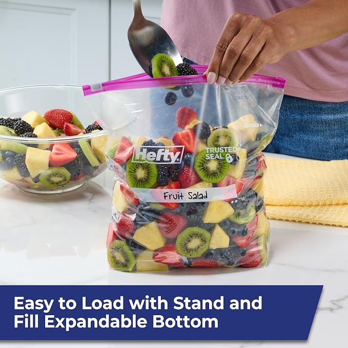 Hefty Slider Gallon Storage Bags, 66 Count, Gallon Size Slider Storage Bags for Storing Food, Bulk Snacks, Travel Toiletries, First Aid Kits, and More, Writable Label, Secure Zip and Click Closure