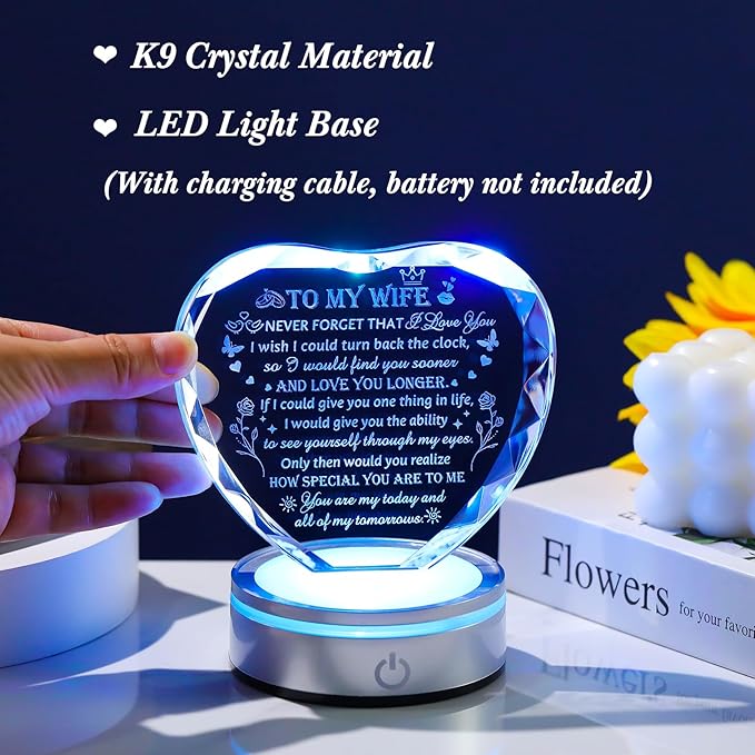 Gifts for Wife - Crystal Keepsakes Wife Gifts from Husband with Colorful LED Base Best Christmas Birthday Gifts for Wife Romantic Anniversary Wedding Gifts to My Wife Valentine Mother's Day Gift Ideas