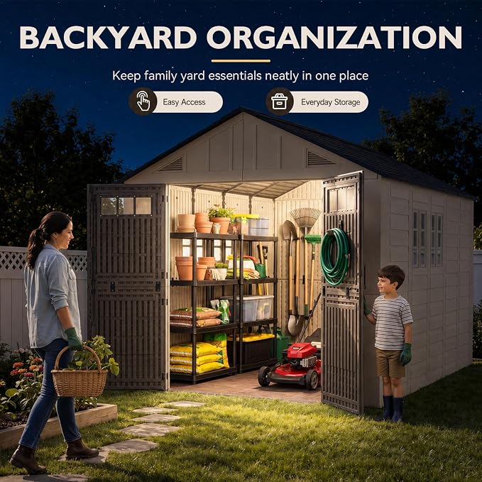 Aoxun 8x12 Ft Outdoor Storage Shed with Lighe & Floor, Large Resin Outdoor Shed with Lockable Door & Windows, Garden HDPE Sheds for Lawn Tools, Pool Supplies & Bikes