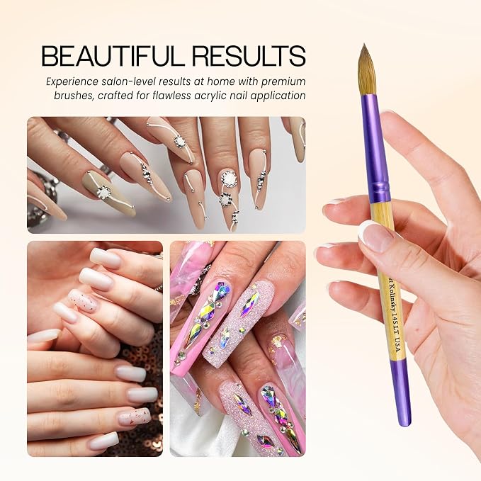PANA Pure Kolinsky Hair Acrylic Nail Brush - Round Shape Purple Ferrule with Beige Wood Handle (Size 14) - Nail Brush for Acrylic Nail Application, Nail Extension, Manicure Pedicure Salon Beginner and