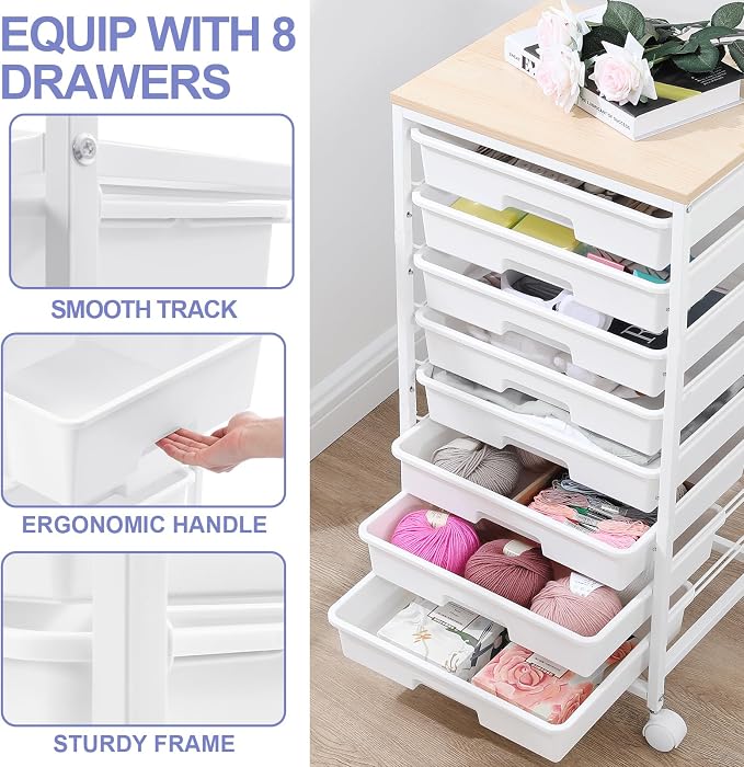 SYKIARIOL Rolling Storage Cart with Drawers,Utility Cart With 8 Drawers and Wooden Tabletop,Rolling Drawer Cart,Storage Drawer Cart for Living Room,Classroom,Bedroom,Bathroom,Dorm,Office,White