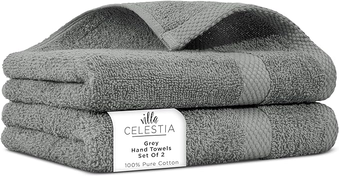 Villa Celestia Cotton Hand Towels Set of 2, 16 x 28, Oeko-TEX Certified, Quick Dry, Grey