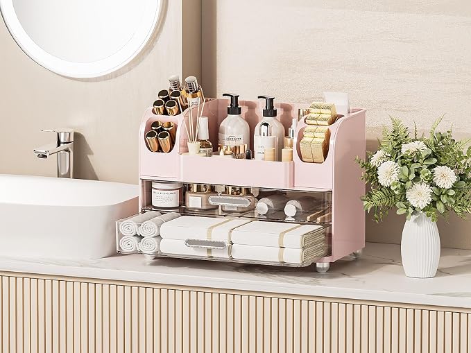 Delamu Large Makeup Organizer Countertop with 6 Brush Holders, Makeup Organizers for Vanity with 2 Large Drawers, Easy to Store Skincare, Lipsticks, Nail Polishes, Perfumes, Eyeshadow Palettes, Pink