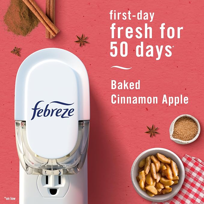 Febreze Plug-In Air Freshener, Odor-Fighting Scented Oil Refill for Home, Bathroom & Kitchen, Holiday Baked Cinnamon Apples Scent, 0.87 oz Refills, 4 Count