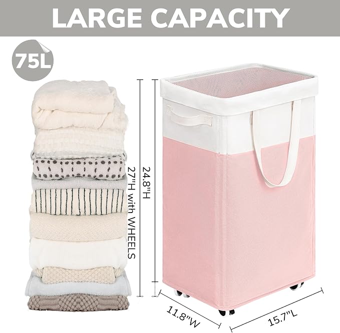Goodpick Laundry Basket with Wheels, 75L Tall Clothes Hamper, Large Laundry Basket with Removable Wash Bag for Corner Dorm, Rolling Hamper, Pink&White