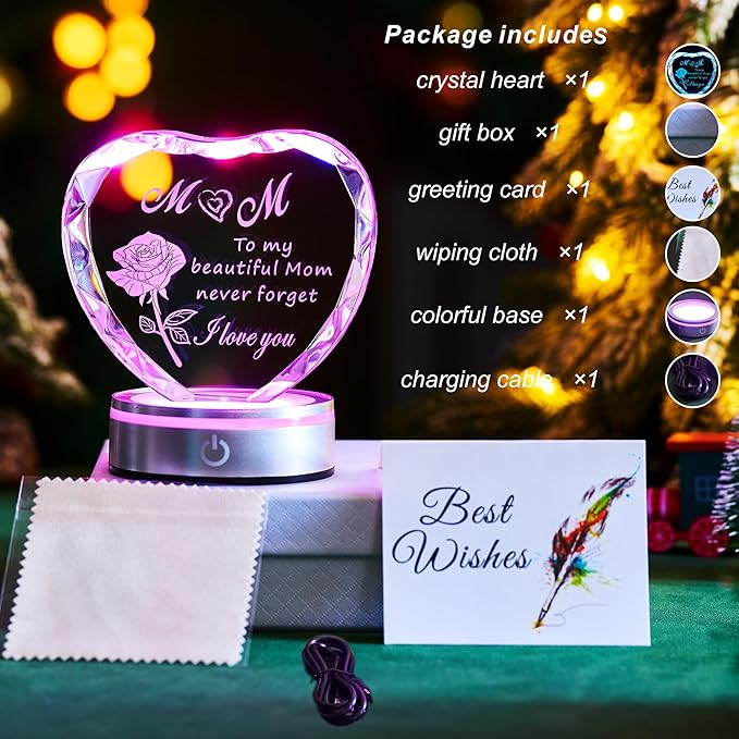 Heart Shaped Crystal Plaque for Mom, Laser Engraved Gift with Color Changing LED Light Base, Mothers Day Birthday Christmas Gift from Daughter Son