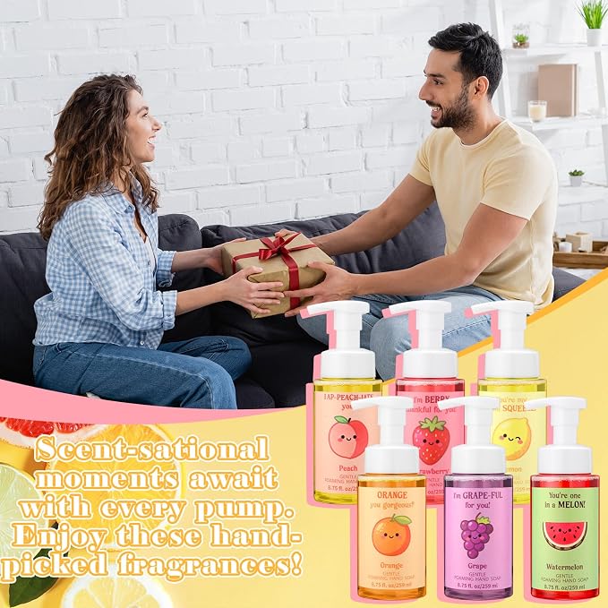 6 Pack Funny Fruit Foaming Hand Soap with Pump Care Moisturizing Liquid Fresh Flavor Foam Hand Wash Teacher Appreciation Gift Bulk Motivational Pun Gift for Nurse Employee Staff Graduation, 8.75 Fl oz