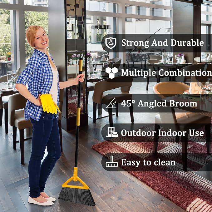 Heavy Duty Angle Broom 4 Pack - Yellow Broom for Outdoor & Indoor, Garage, Driveway, Sidewalk, Kitchen & More, Long Handle