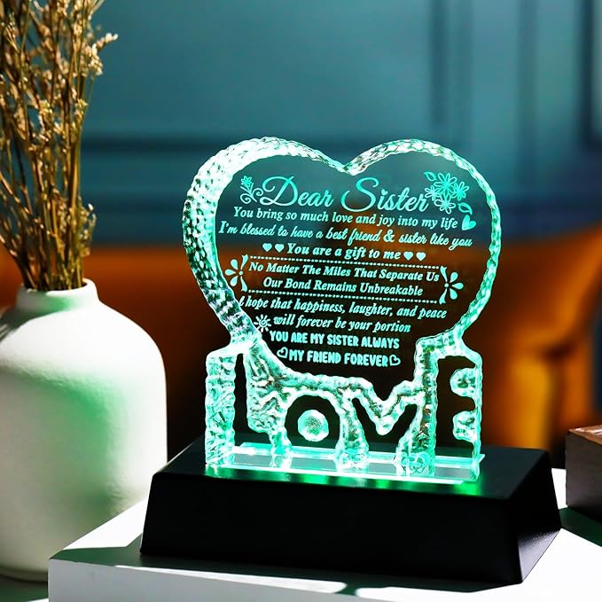 YWHL Sister Birthday Gifts from Sisters, Gifts for Sister from Brother, Crystal Heart Keepsake to My Sisters Gift on Christmas Mother's Day