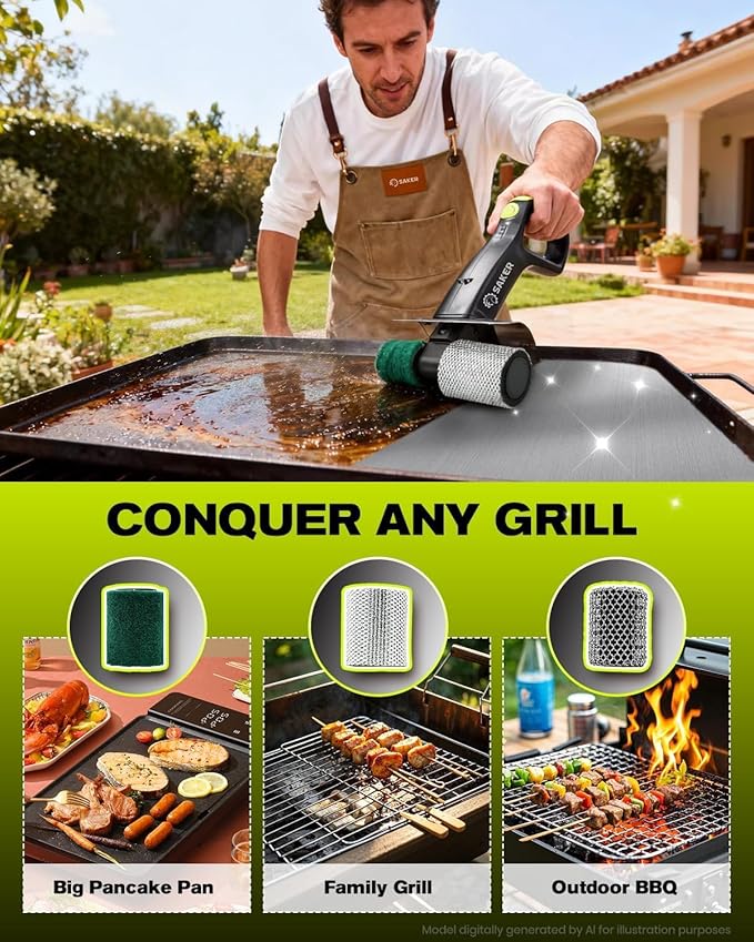 Saker Electric Grill Brush for Outdoor Grill, Bristle-Free Automatic Grill Cleaning Brush with 450 RPM & LED Light, Grill Rescue BBQ Brush Set with 3 Interchangeable Heads