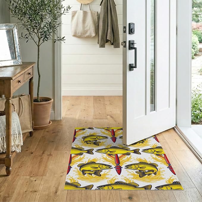 2'x3' Washable Area Rug Bass Splash Lure Bold Outlined Reel Tackle Motif Fish Fishing Refined Structured Pet Friendly & Kids Safe Bedside for Bedroom, Nursery, RV