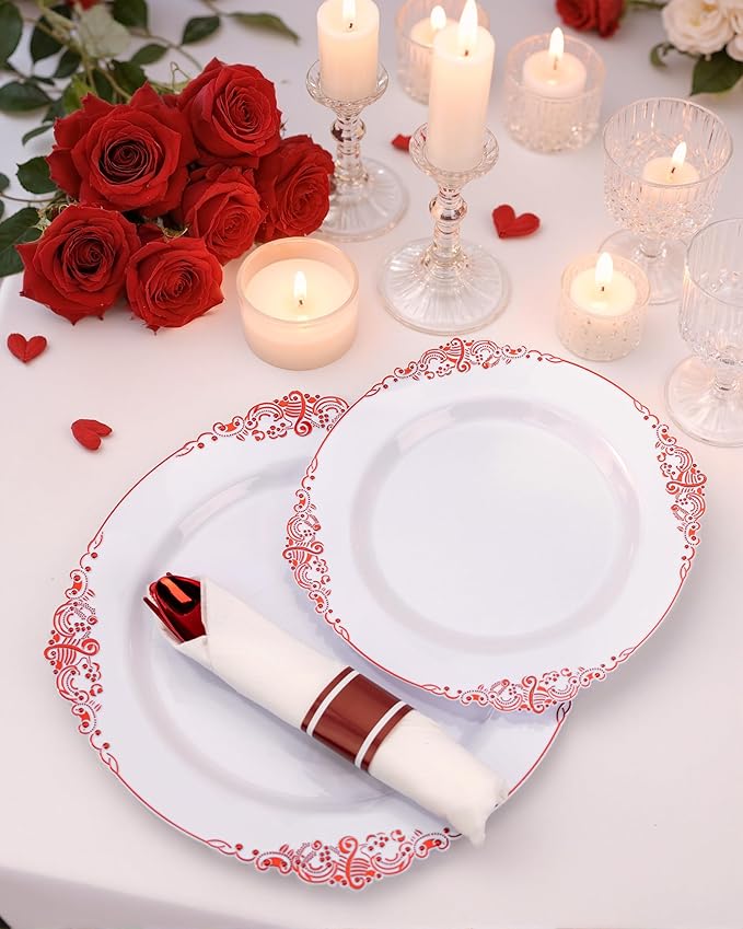 Nervure 350PCS Red Plastic Plates - White Red Plastic Dinnerware Set for 50 Guests - 100 Red Disposable Plates, 50 Pre Rolled Cutlery Set, 50 Cups Perfect for Wedding & Party
