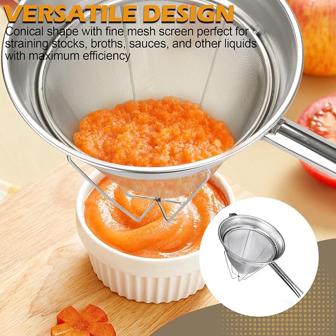 10 Inch Chinois Strainer,18/8 Stainless Steel Conical Fine Mesh Bouillon Sieve, Heavy Duty China Cap Strainers with Stand for Sauces Soups Broth Purees Jam